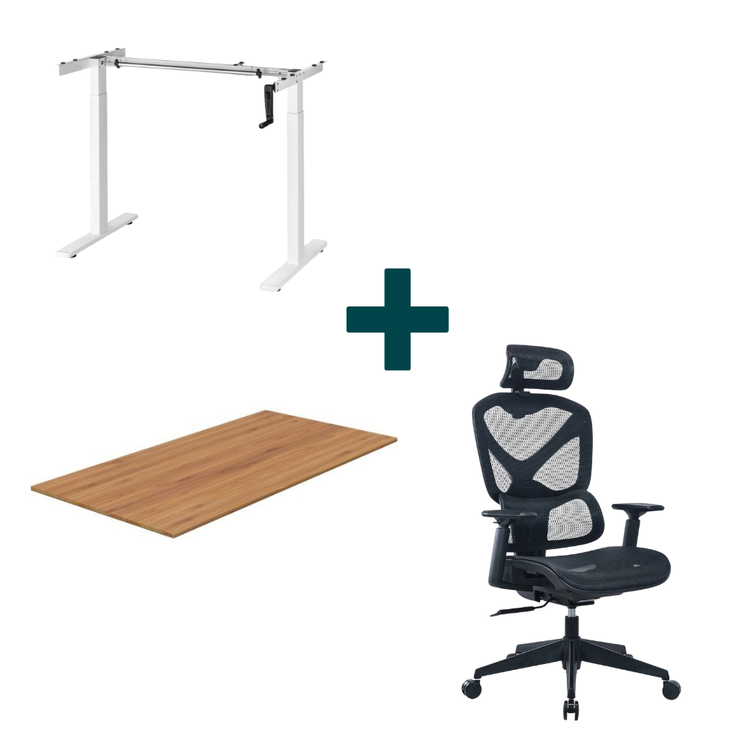Manuální zvedací stůl + pracovní deska + ergonomické křeslo