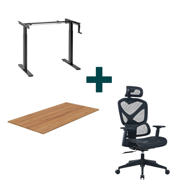 Manuální zvedací stůl + pracovní deska + ergonomické křeslo
